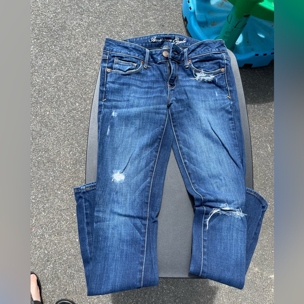 American Eagle Outfitters Blue Skinny Jeans with Distressed Details